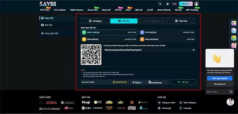 Hướng dẫn nạp tiền SAY88 - Lựa chọn cách thức nạp đa dạng