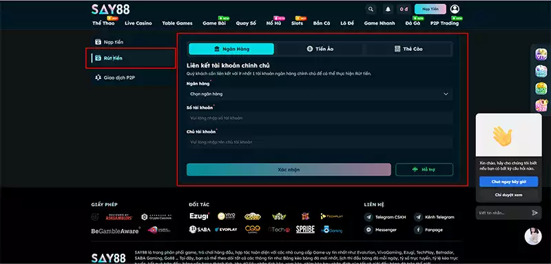Hướng dẫn rút tiền SAY88 - Lựa chọn mục Rút tiền và phương thức nhận tiền